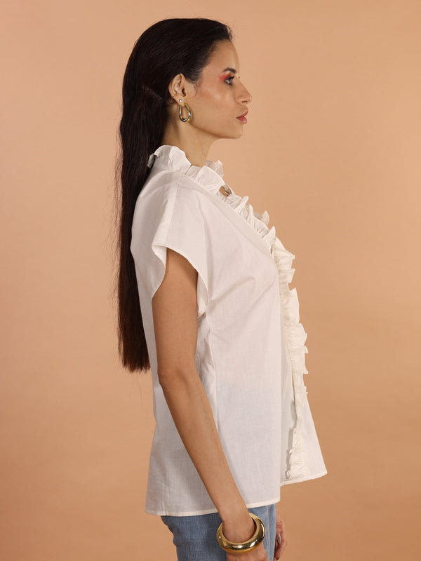 Classic White Ruffle V-Neck Top - Jiraazi