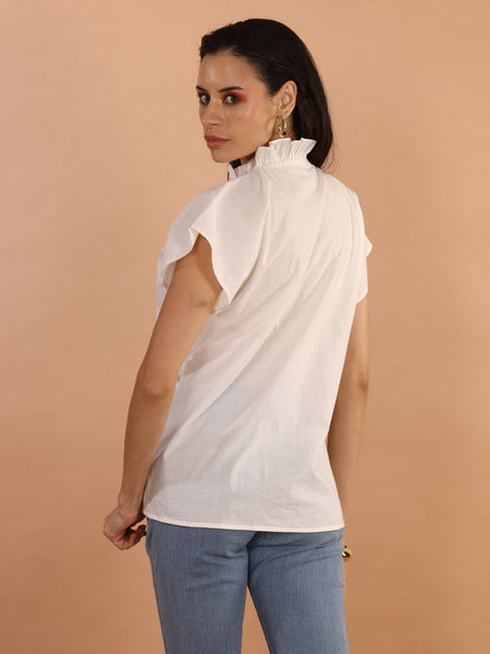 Classic White Ruffle V-Neck Top - Jiraazi