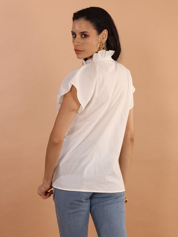 Classic White Ruffle V-Neck Top - Jiraazi