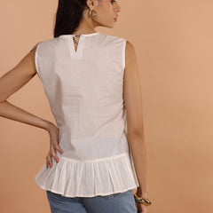 White Ruffle Detail Sleeveless Cotton Top - Jiraazi