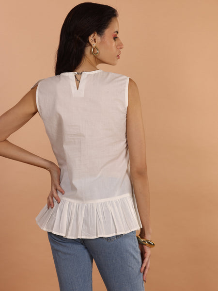 White Ruffle Detail Sleeveless Cotton Top - Jiraazi
