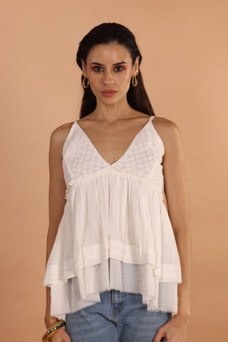 Dylan Off white Cotton schiffli Top